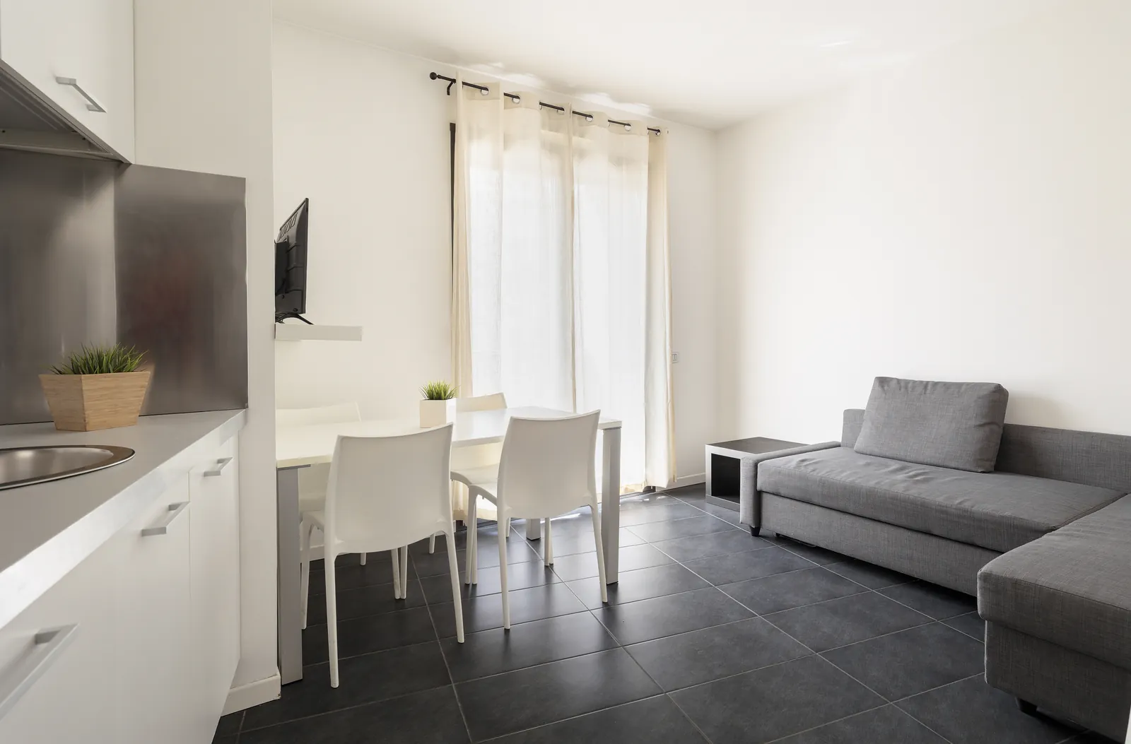 Soggiorno dell'appartamento Deluxe con divano letto e cucina attrezzata